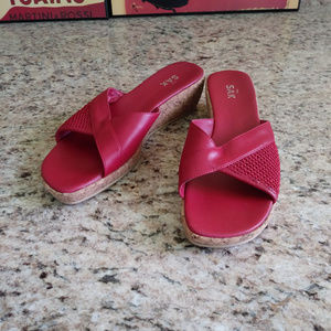 The Sak Red Leather Slip-on Sandals Cork Wedge Mules